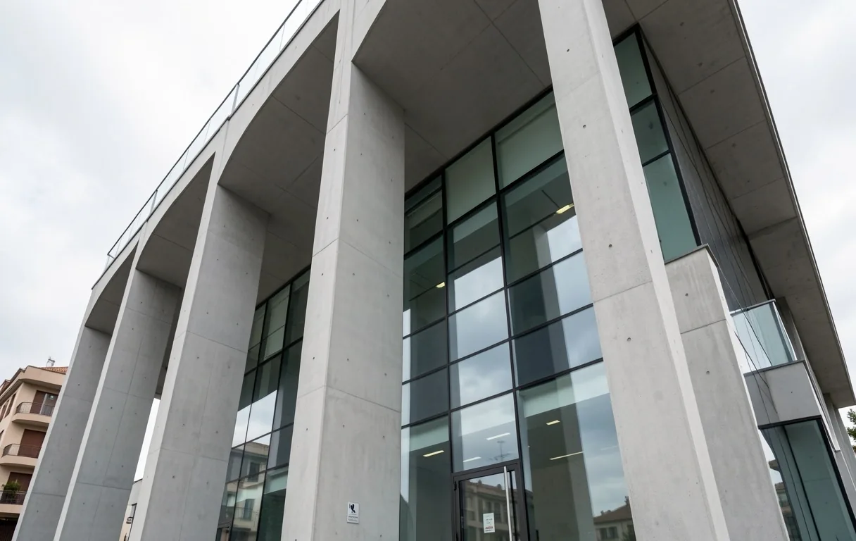 Edificio institucional con arquitectura minimalista de hormigón y vidrio
